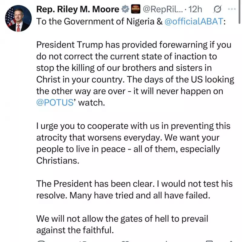 US Lawmaker Riley Moore Warns Tinubu: 'We Won't Allow Gates of Hell to Prevail' Amid Trump's War Threat Over Christian Killings