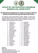 50 Abducted Niger Students Escape, Names Released by Authorities