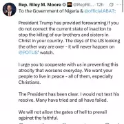 US Lawmaker Riley Moore Warns Tinubu: 'We Won't Allow Gates of Hell to Prevail' Amid Trump's War Threat Over Christian Killings