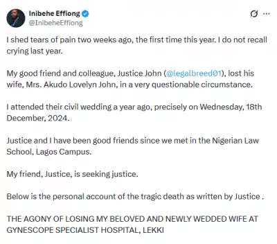 Lawyer Demands Justice After Wife's Death in Lagos Hospital Childbirth