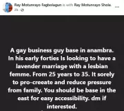 Anambra Gay Businessman Seeks Lavender Marriage with Lesbian for Procreation