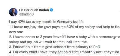 Nigerian Doctor in Germany Lists Tax Benefits: 60% Salary if Jobless