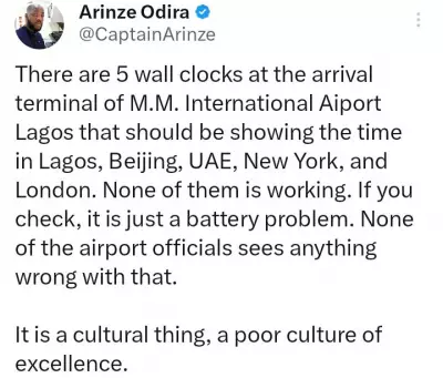 Lagos Airport's International Time Clocks Non-Functional, Pilot Criticizes Culture