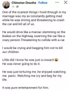 Nigerian Woman Recalls Ex-Husband's Terrifying Driving Threats During Marriage