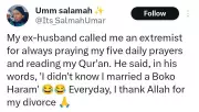 Nigerian Woman Thanks Allah for Divorce After Ex-Husband Called Her Extremist