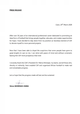 CAF General Secretary Véron Mosengo-Omba Resigns Amid Afcon Title Controversy