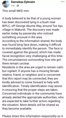 Decomposing Body of Unidentified Woman Found in Makurdi Bush Area