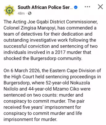 South African Court Sentences Wife and Ex-Lover to Life for Husband's Murder