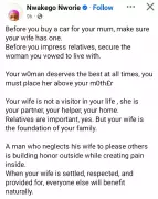 Nigerian Lady Advises Men: Prioritize Your Wife's Car Before Your Mother's