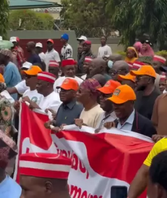 Atiku, Obi, Melaye Lead 'Save Democracy' Protest at INEC Abuja Headquarters