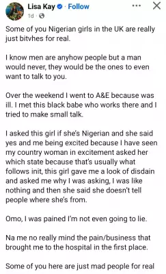 Nigerian Lady in UK Recounts Unfriendly Encounter with Fellow Countrywoman