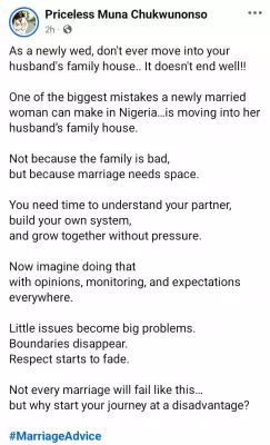 Nigerian Lady Warns Newlyweds: Avoid Moving into Husband's Family House