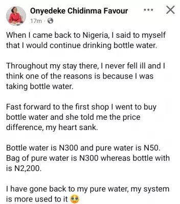 Nigerian Returnee Abandons Bottled Water for Sachet Due to High Cost