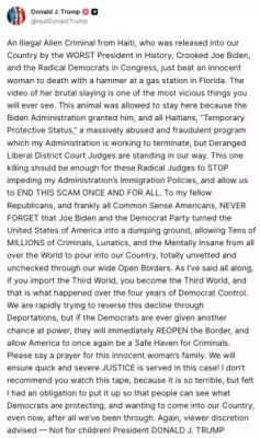 Trump Blames Biden for Migrant's Brutal Attack on Florida Mother