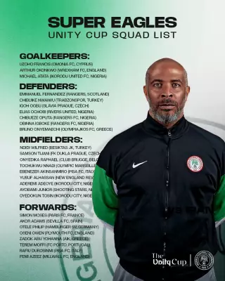 Super Eagles Coach Eric Chelle Names 26-Man Squad for Unity Cup