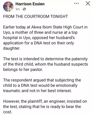 Woman Opposes Husband's DNA Test Request for Daughter in Uyo Court