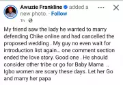 Man Cancels Wedding Over Fiancee's Comment Defending Singer Chike