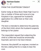 Woman Opposes Husband's DNA Test Request for Daughter in Uyo Court