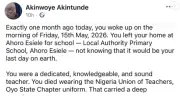 Colleague Pens Tribute for Teacher Killed in Ogbomoso School Abduction Crisis