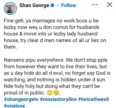 Actress Shan George Blames Lesbianism for Failed Marriages, Slams Divorcing Women