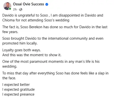 Delta Gov's Aide Blasts Davido for Skipping Soso Soberekon's Wedding