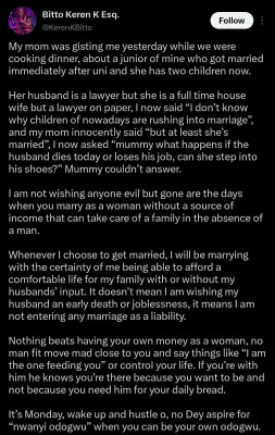 Lady: Nothing Beats Having Your Own Money as a Woman Before Marriage