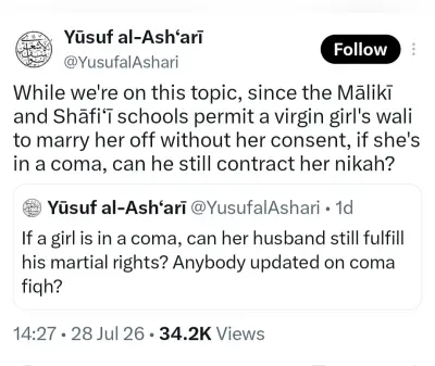 Muslim Man on X Asks About Marital Rights If Wife in Coma