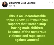 Nigerian Lady Suggests Women Stop Having Male Children Over GBV