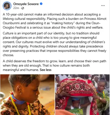 Sowore Slams Use of 10-Year-Old as Osun-Osogbo Arugba