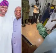 Governor Adeleke Prostrates Before Brother Davido’s Dad for Prayers After Re-election Victory