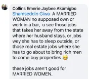 Jobs Not Suitable for Married Women Listed by Nigerian Man