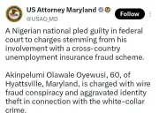 Nigerian Man Pleads Guilty to Cross-Country Unemployment Insurance Fraud in US