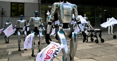 AI robots protest in Warsaw for human job safety and AI regulation
